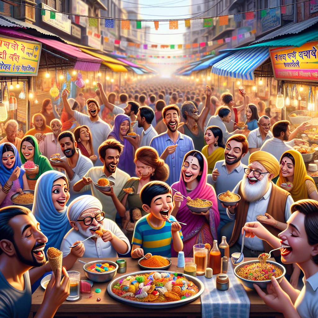 A bustling street food stall at Juhu Chowpatty, with various food items and people enjoying the atmosphere